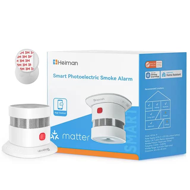 Heiman Detector de Humo Matter Over Thread, con Soporte Magnético, Batería Reemplazable 5 Años, EN 14604, Hub Requerido, para Apple Home, SmartThings & Home Assistant, HS1SA-M