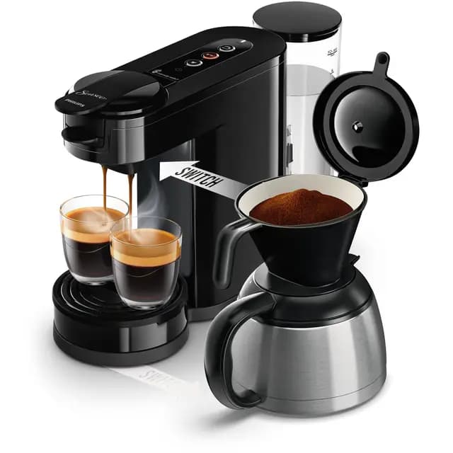 PHILIPS Domestic Appliances SENSEO Switch 2 en 1 - Cafetera de Goteo y Monodosis, Depósito de Agua de 1 Litro, Jarra Termica, 7 Tazas en una Sola Pasada, Negro (HD6592/64)