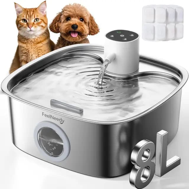 FEELNEEDY 8L Fuente para Gatos sin Cable, Bebedero Gatos Perros de Acero Inoxidable con 3 Filtros, 5000mAh Batería Recargable, Apta para Lavavajillas, Sensor de Radar Mejorado