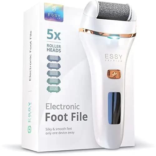 Essy Lima Eléctrica para Pies con 5 Rodillos de Repuesto – Removedor de Callos Recargable, 2 Velocidades, Pantalla LED, Carga USB, Kit de Pedicura (Blanco)