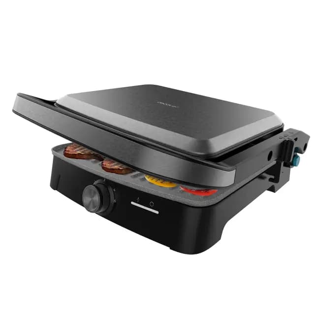 Cecotec Parrilla Eléctrica con Grill Rock'nGrill 2000 Full Open. 2000W, Apertura 180º, RockStone Antiadherente, Placa Flotante, Recogegrasas, Almacenamiento Vertical, Temperatura Regulable, 279x229mm