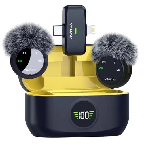 Micrófono inalámbrico 2 en 1 para iPhone y Android, Mini micrófono con reducción de Ruido, Estuche de Carga de 40 Horas, Solapa magnética y Abrazadera para entrevistas, Alcance de 25 Metros.