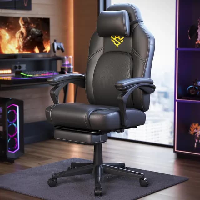SONGMICS HOME Silla de Juegos, Silla Racing Ergonómica para Ordenador con Reposapiés, con Reposacabezas, Cuero Sintético, Altura Ajustable, Negro Tinta OBG072B01