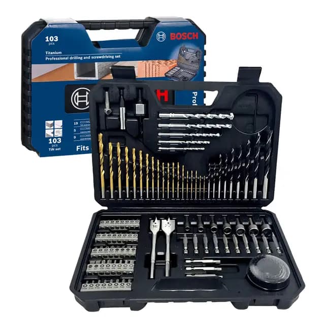 Bosch Juego de 103 piezas mixtas de brocas y puntas de atornillar de titanio (para madera, piedra, metal, para atornilladores y taladros)