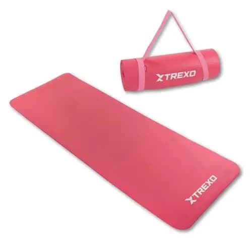 TREXO NBR - Alfombrilla de ejercicio en color rosa claro, 183 x 61 cm, material de excepcional durabilidad y flexibilidad, 15 mm de grosor con textura antideslizante, completa con correa de transporte