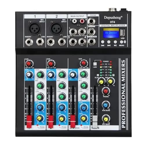 Depusheng HT4 Consola de mezclas digital profesional portátil compatible con Bluetooth con mezclador USB de 4 canales, interfaz de audio, mesa de mezclas para grabaciones de estudio, negro