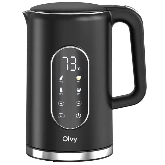 Olvy Hervidor eléctrico 1,7 L de acero inoxidable - Hervidor de agua eléctrico 2200 W con control de temperatura, función mantener caliente, calienta agua eléctrico y filtro antical (negro)