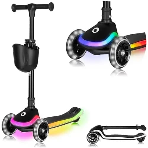 LIONELO MEY Patinete de Equilibrio para Niños Desde 3 años hasta 50 kg, Scooter Infantil Patinete de 3 Ruedas con Ajuste de Altura, Plataforma Antideslizante Iluminada y Ruedas LED, Cesta
