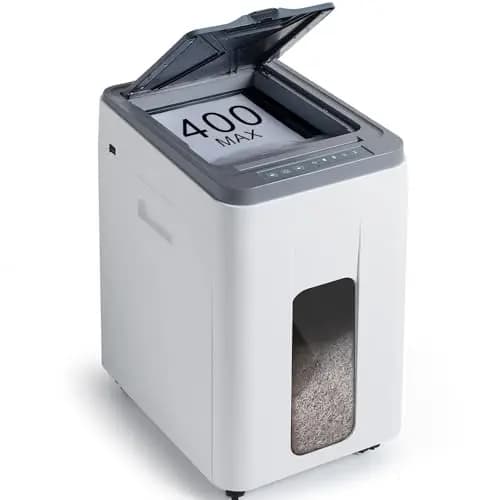 Destructora Papel Automática Profesional: 400 Hojas Microcorte P-5 Non Stop Destruye Tarjetas/Grapas con Cubo 50L para Oficina Casa Clínicas Hospitales Centros Educativos