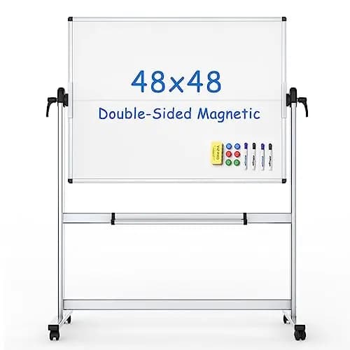 VIZ-PRO Pizarra blanca móvil magnética de doble cara 120x120 cm, con ruedas y marco de aluminio, para oficina y aula