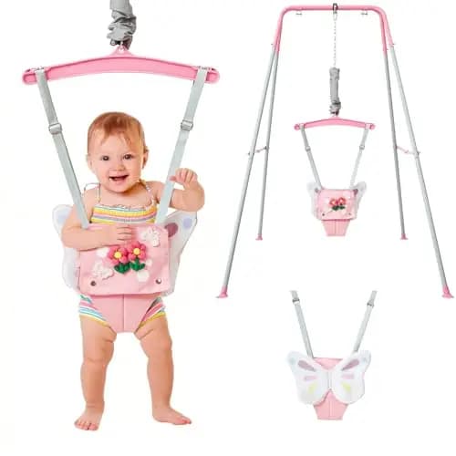 FUNLIO: saltador para bebés con soporte, de 6 a 24 meses; brincador infantil para jugar; saltador para niños pequeños; con cadena ajustable; fácil de montar y guardar (con soporte) - Mariposa rosa