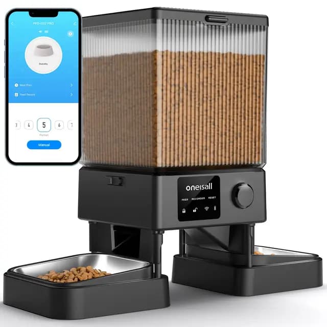oneisall 5L Comedero Automático Gato 2 Tazones, 5G/2.4G WiFi Máquina de Comida Inteligente para Gatos/Perros, fácil Operación con Control App, con 2 Tazones de Acero Inoxidable, Grabadora de Voz