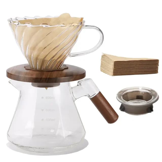 Lalord Cafetera de vertido, juego de vidrio de borosilicato de 20 onzas con 100 filtros de papel #4, cuello de nogal y tapa de vidrio, cafetera de goteo, 1-3 tazas, transparente (juego de 600 ml)