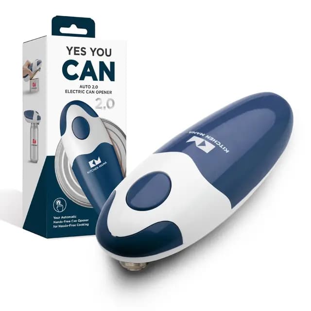 Abrelatas eléctrico Auto 2.0 de Kitchen Mama: Su cuchilla mejorada abre casi cualquier lata. Abridor automático, manos libres, bordes lisos, apto para alimentos, funciona con pilas (Azul marino)