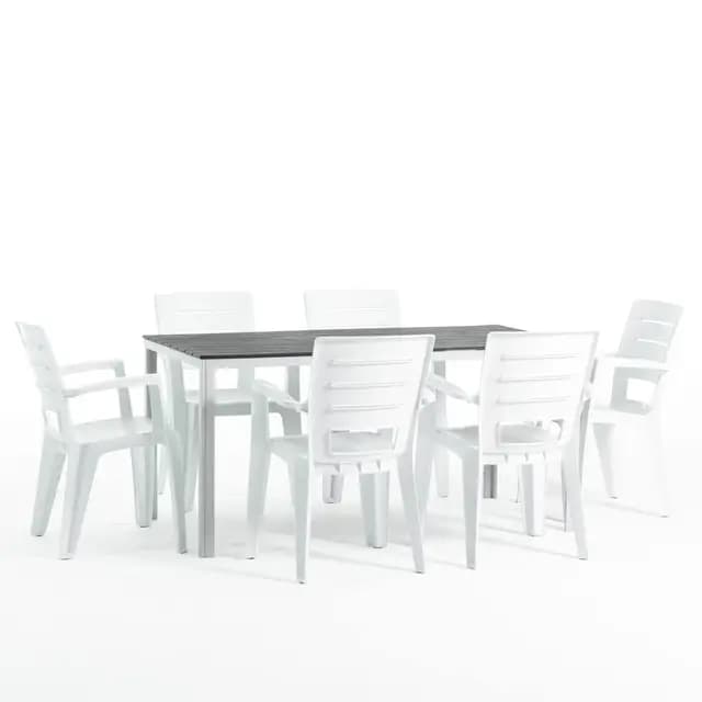 Conjunto jardín exterior mesa y sillas para 6 personas, mesa rectangular de acero con listones de polietileno efecto madera, 6 sillas apilables de resina - Thomas & Anita (Blanco/Pizarra)