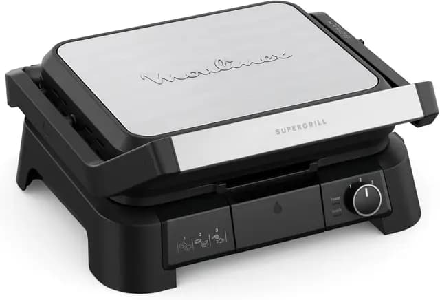 Moulinex SuperGrill 3en1 - Grill de contacto, plancha y paninis, interior/exterior, 2000W, termostato regulable, 3 alturas, modo barbacoa, placas antiadherentes y extraíbles, GI510DF0