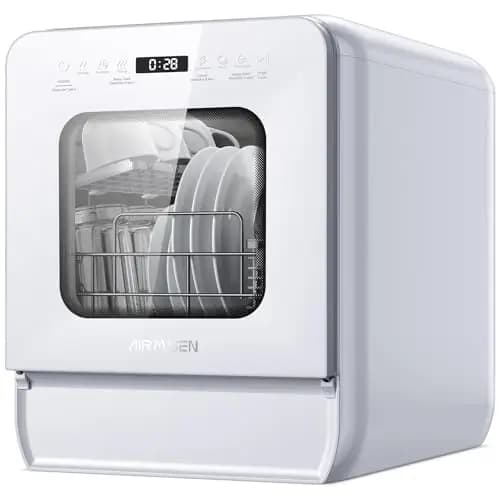 AIRMSEN Lavavajillas de Encimera Mini Lavavajillas con Tanque de 5L, 7+2 Programas Diseño Ultra Estrecho (37x50cm) y Gran Profundidad Lavavajillas Compacto Rociado Dual 360° Blanco (Blanco)
