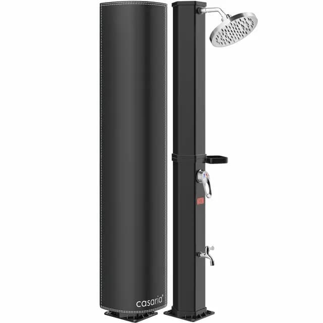 CASARIA® Ducha Solar Exterior 35 litros Agua Caliente máx. 60 °C Bandeja Cabezal Tipo Lluvia Cubierta Protectora Resistente Rayos UV Grifo Conexión de Manguera