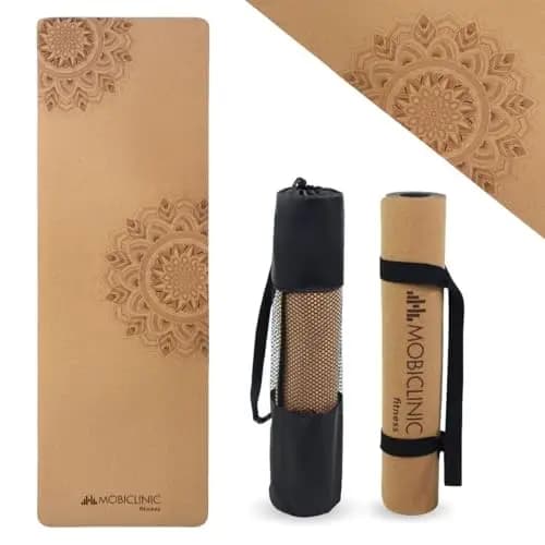 Mobiclinic®, Esterilla yoga corcho natural, Antideslizante, Bolsa de transporte, Antimicrobiana, 4mm grosor, Tpe 100% reciclable, Ecológica, 183x61cm, Diseño mandala, Ey-02, Pilates, Fitness