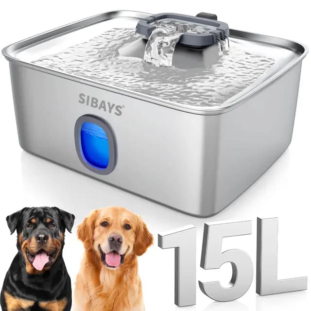 Sibays 15L Bebedero Perro Grande, Fuente para Gatos Acero Inoxidable con Ventana Visible & LED Inteligente, Bebedero Automático y Súper Silencioso para Varias Mascotas, Fácil de Limpiar, FS76