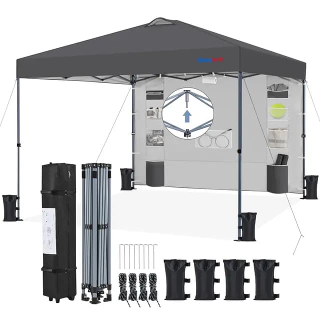 Yaheetech 3x3M Carpa Pop-Up con Botón Central con Pared Lateral de 9 Bolsillos de Almacenamiento, 1 Bolsa con Ruedas y 4 Sacos de Arena para Playa, Patio, Camping y Jardín, Gris Oscuro