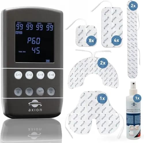 Electroestimulador de 4 canales STIM-PRO X9B axion® | 60 Programas de TENS, EMS, Masajes y Suelo Pélvico | 99 niveles de intensidad, electrodos especiales, cargador USB-C y spray de limpieza