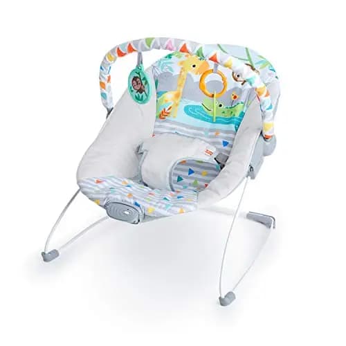 Bright Starts, Asiento Infantil Vibrador - Barra de Juguetes Removible, Pies Antideslizantes, 0-6 Meses Hasta 9 kg (Safari Fun)