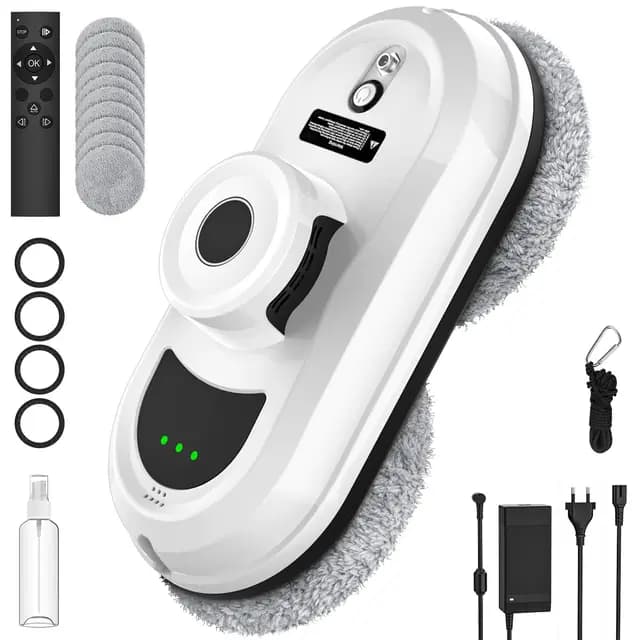 Robot Limpiacristales, 5600pa Limpia Cristales Electrico Ventanas con Pulverización Automática, 3 Modos Limpieza, Navegación Inteligente, Sistema de Seguridad, Mando a Distancia y 10 Paños