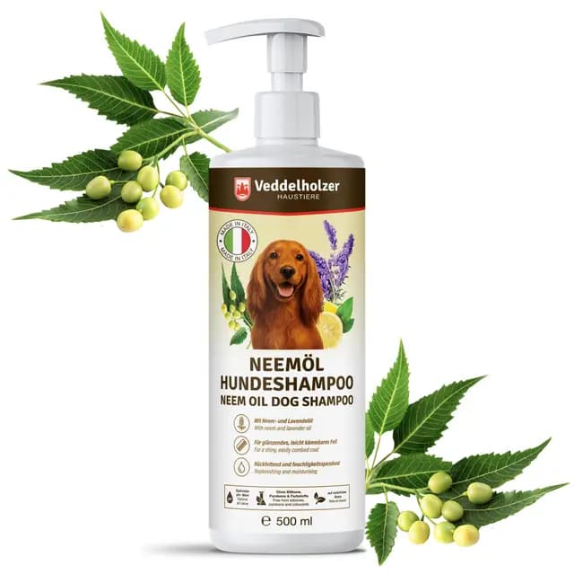 Veddelholzer 500 ml Champú Natural para Perros con Aceite de neem Cuidado Suave para la Piel y el Pelaje, Alivia el picor, hidrata y nutre para un Pelaje Brillante.