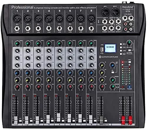 Depusheng DT8 Consola de placa de sonido mezcladora profesional Interfaz de sistema de escritorio de 8 canales Computadora USB digital Entrada MP3 48V Phantom Power, Negro