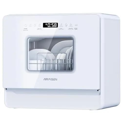 AIRMSEN Lavavajillas Portátil Pequeño con 7+2 Programas, Función de Sal Absoftante Depósito de 5L Control Táctil y Pantalla LED, Para Cocinas, Apartamentos y Dormitorios, Blanco