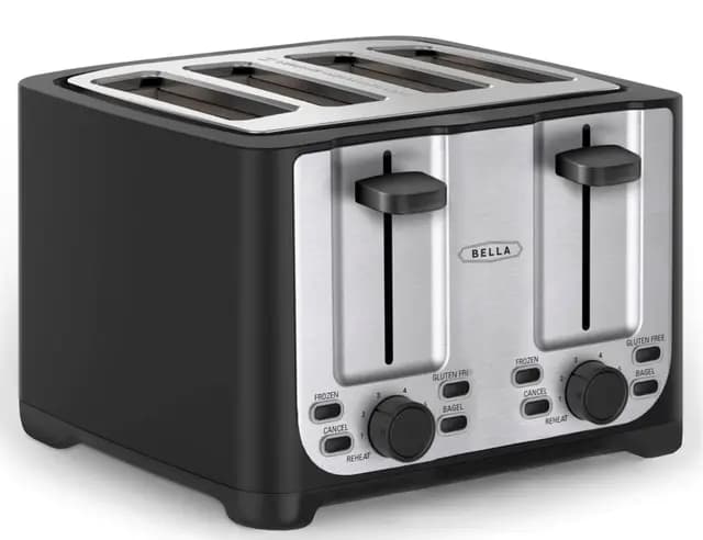 bella Tostadora de 4 Rebanadas con Apagado Automático, Ranuras Extra Anchas y Bandeja Recogemigas Extraíble, Función de Cancelar, Descongelar y Recalentar, Acero Inoxidable y Negro
