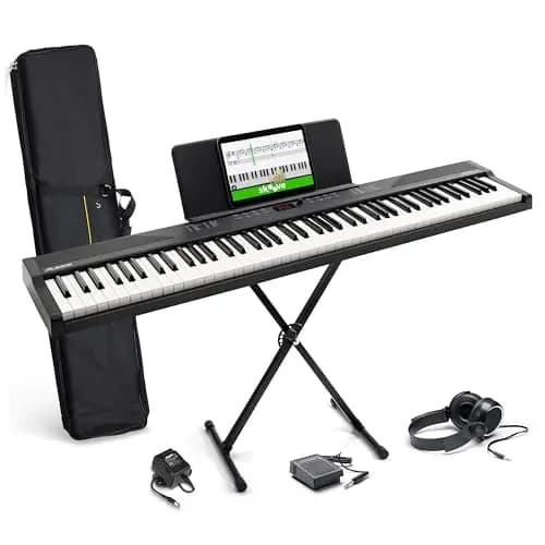 Alesis Teclado Piano con 88 Teclas y 480 Sonidos, Altavoces, MIDI USB, Estuche, Soporte, Auriculares, Pedal y Lecciones de Piano Incluidas