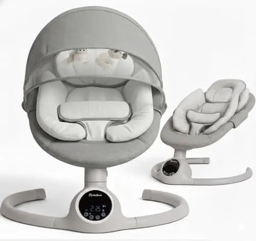 BEBE2LUXE Alpha : Silla Mecedora Eléctrica para Niños, Hamaca Bebé, Columpio Bebe, Hamaca eléctrica 0‑9 kg, Bluetooth, pantalla táctil LED, música, arnés 3 puntos, temporizador (Gris)