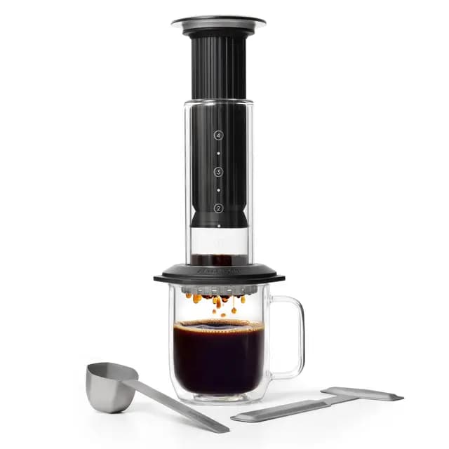 AeroPress Cafetera de prensa francesa Premium de vidrio, acero inoxidable y aluminio, todo en uno, manual para café filtrado y espresso, preparación en 2 minutos, Negro