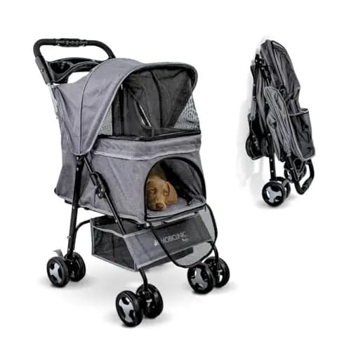 Mobiclinic® pets, Carrito para perros plegable, Ideal pequeños y senior, Zuma, Hasta 15 kg, Ruedas con frenos 360º, Cesta xxl, 3 ventanas cremallera mosquitera, Portavasos, Gris