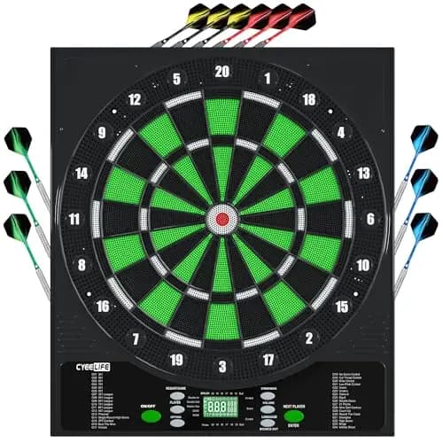 CyeeLife Diana Electrónica, Diana Electronica Profesional con 12 Dardos,24 Plumas,50 Puntas,2 Protectores de Plumas,34 Juegos 355 Variantes para 1 a 8 Jugadores,Adecuada para Fiestas de Juego