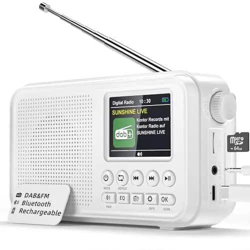 Radio Portátil Dab/FM, Bluetooth, Batería Recargable de 3000mAh, Compatible con Tarjetas TF de hasta 64 GB, Carga Tipo C, Toma de Auriculares, 40 Presintonías FM & 40 Dab, EQ, Doble Alarma,para Hogar