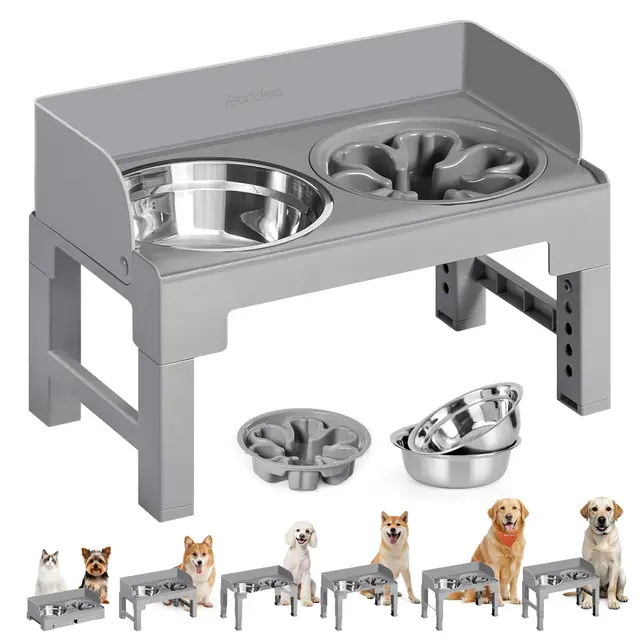 Feandrea Comedero Elevado para Perros con Soporte, 1 Comedero Lento y 2 Comederos de Acero Inoxidable 304, Altura Ajustable y Diseño Inclinado, Gris Paloma PRB103GD01