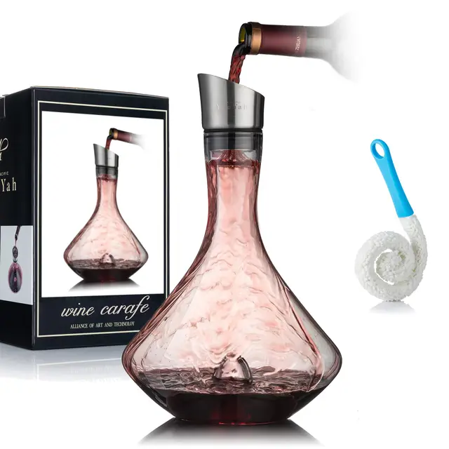Decantador de Vino, Jarra de Vino Tinto con Aireador Integrado, Vino de Regalo, Tapón Vertedor de Acero Inoxidable, Filtro, Vaso de Cristal 100% Soplado a Mano sin Plomo