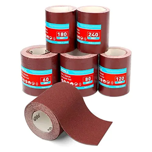 SHALL Juego de 5 rollos de papel de lija de 9,3 cm x 5 m, grano 60/80/120/180/240, papel de lija de óxido de aluminio para lijar, pulir y eliminar el óxido
