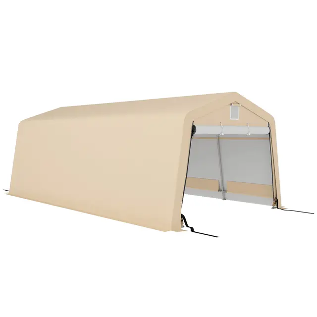 Garaje Outsunny Tente Dim. 6,2L x 3,3l x 2,4H m Robusto Acero galvanizado PE Alta Densidad 150 g/m² Impermeable Anti-UV, 1 Puerta Caqui y 2 respiraderos
