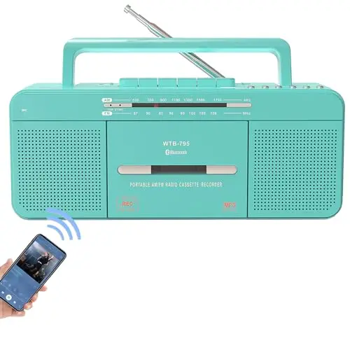 WISCENT Reproductor de Cassette con Radio estéreo USB/Bluetooth/Am/FM, convertidor de Casete a MP3, Altavoz Grande, Conector para Auriculares (Verde Reproductor de Cassette)