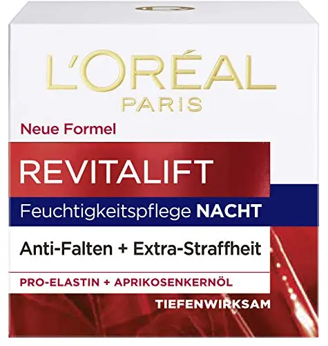 L'Oréal Paris Cuidado de noche Revitalift, cuidado facial antienvejecimiento, antiarrugas y extra firmeza, con proelastina y aceite de hueso de albaricoque, 50 ml