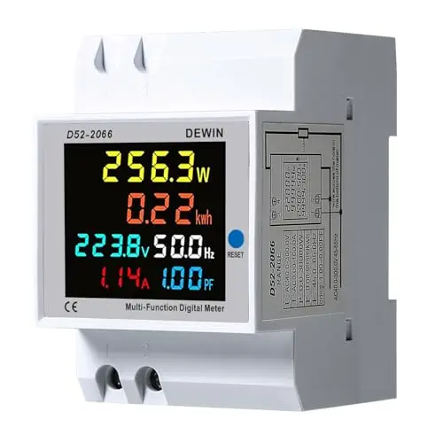 Medidor de Consumo Electrico Monofasico, 6 en 1 Medidor de Energía Digital Contador Electrico Multifuncional Amperímetro Voltímetro kWh Meter carril din, con Pantalla LCD 40-300VAC 100A