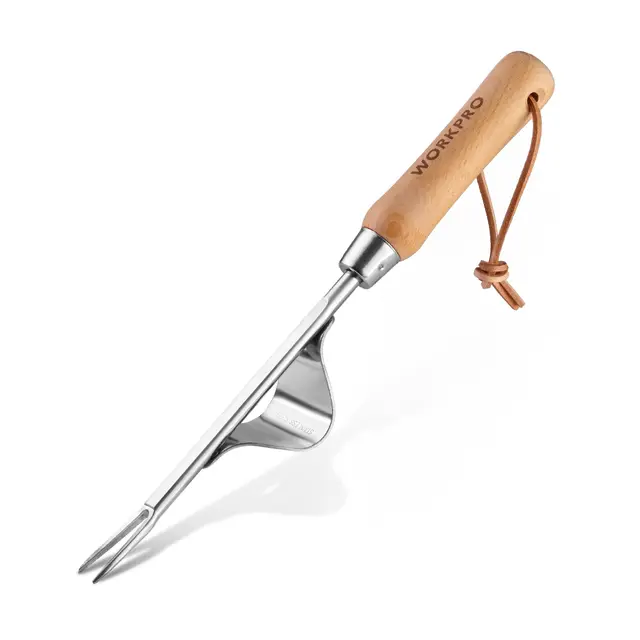 WORKPRO Desherbador Manual de Acero Inoxidable, Extractor de Malas Hierbas con Mango de Madera Ergonómico, Herramienta Quitahierbas para Jardín, para Quitar Dientes de León, Cardos y Otras Malezas