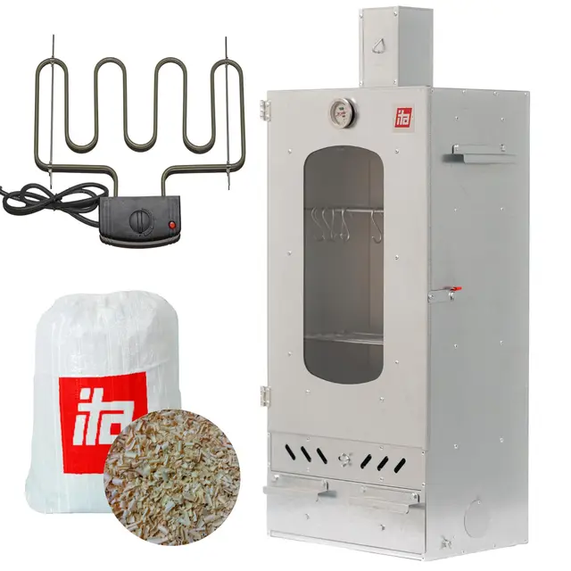 ITA Ahumador Eléctrico 7012 - Smoker Premium Eléctrico con Calefacción - Armario con Ventana y Chimenea - Acero Aleado - Calidad UE, Directo del Fabricante - 81 cm con 3 Estantes