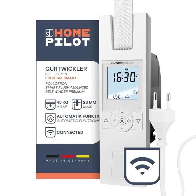 HOMEPILOT - Enrollador cinta RolloTron Premium Smart | Motor eléctrico con pantalla para control cómodo persianas. Accesorio Smart Home - ¡compatible instalaciones posteriores! Capacidad carga: 45 kg