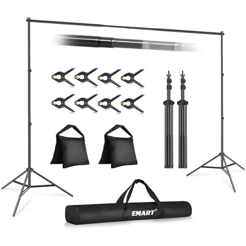 EMART Soporte Fondo Fotográfico 2mx3m, Kit de Sistema de Soporte de Fondo Ajustable con 8 Pinzas y 2 Bolsas de Arena para Retrato, Fotografía de Productos y Grabación de Video