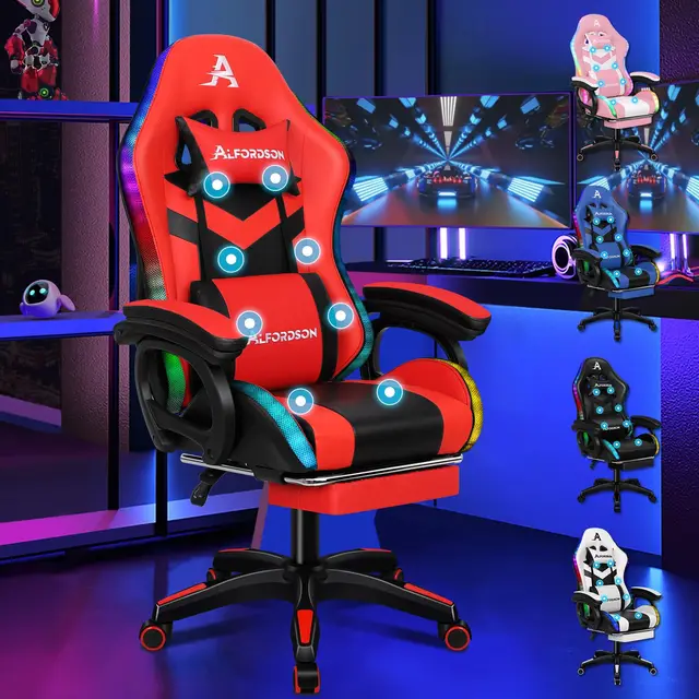 ALFORDSON Silla Gaming con Masaje y LED, Silla Gamer Ergonómica con Reposapiés Telescópico, Cojín Lumbar y Cervical, Iluminación para Juegos, Oficina, Ordenador, Videojuego, Cuero PU(Roja)